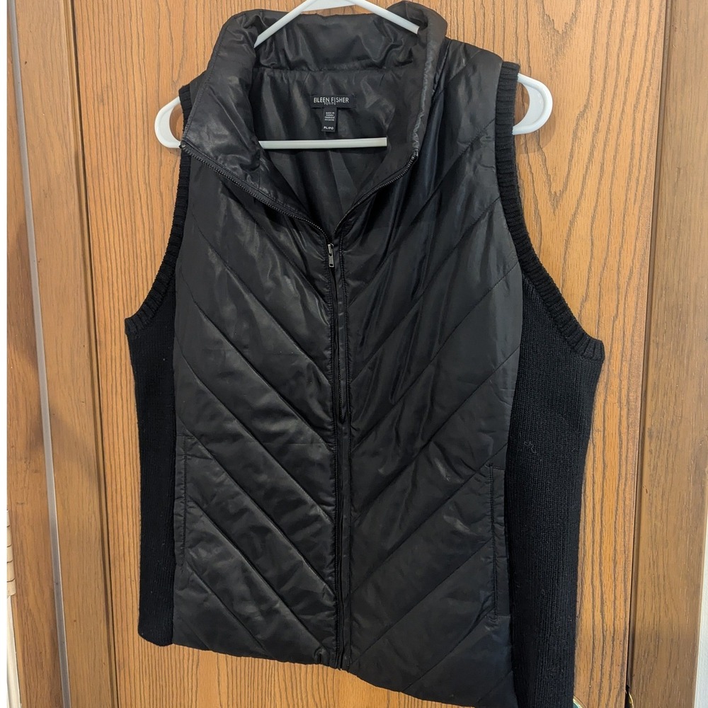 Eileen Fisher Black Quilted Puffer Vest Merino Wool Side Panels Chic Layering PL
